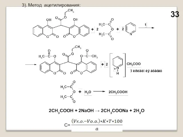 3). Метод ацетилирования: 2CH3COOH + 2NaOH → 2CH3COONa + 2H2O С= 33