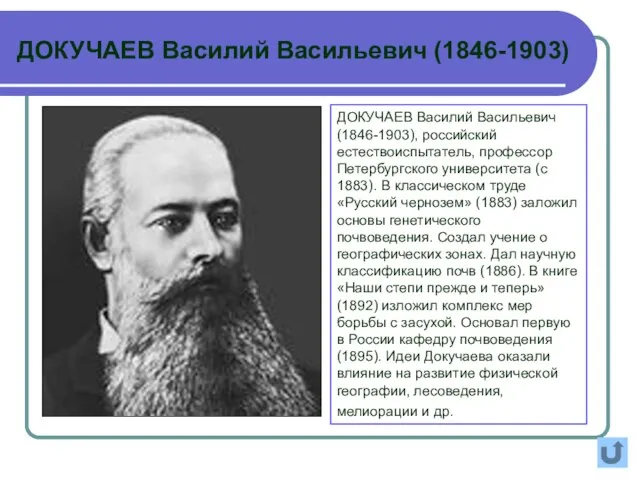 ДОКУЧАЕВ Василий Васильевич (1846-1903), российский естествоиспытатель, профессор Петербургского университета (с 1883).