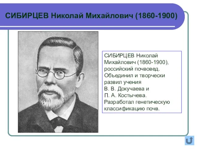 СИБИРЦЕВ Николай Михайлович (1860-1900), российский почвовед. Объединил и творчески развил учения