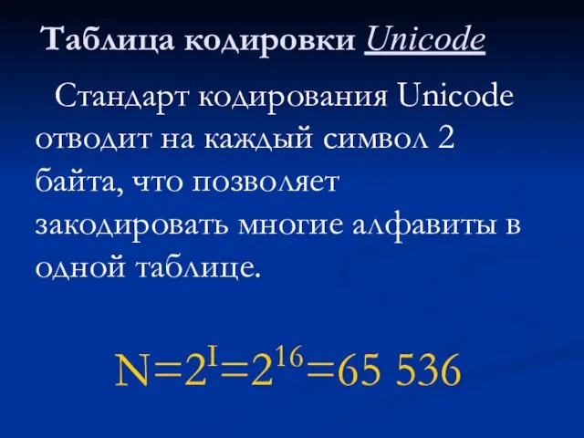 Таблица кодировки Unicode Стандарт кодирования Unicode отводит на каждый символ 2