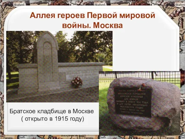 Аллея героев Первой мировой войны. Москва Братское кладбище в Москве ( открыто в 1915 году)