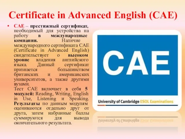 Certificate in Advanced English (CAE) CAE – престижный сертификат, необходимый для