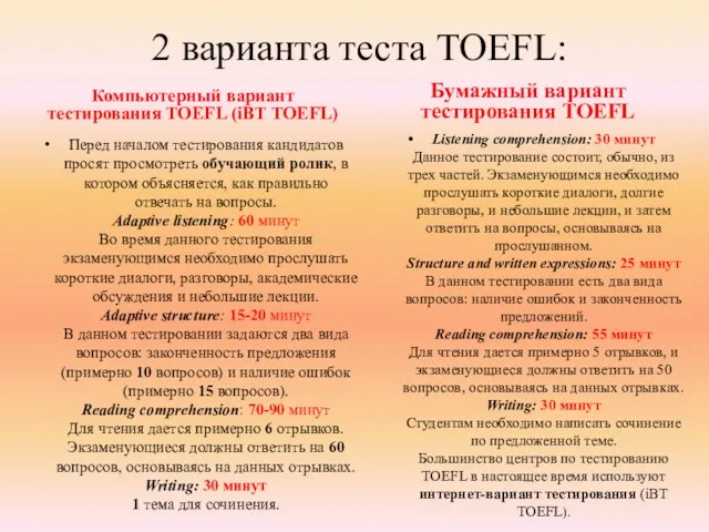 2 варианта теста TOEFL: Компьютерный вариант тестирования TOEFL (iBT TOEFL) Перед