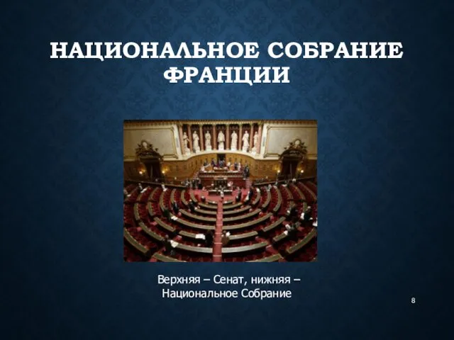 НАЦИОНАЛЬНОЕ СОБРАНИЕ ФРАНЦИИ Верхняя – Сенат, нижняя – Национальное Собрание