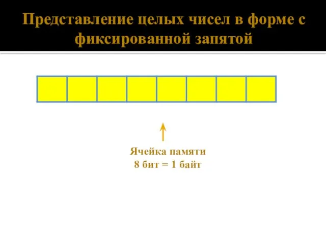 Представление целых чисел в форме с фиксированной запятой Ячейка памяти 8 бит = 1 байт