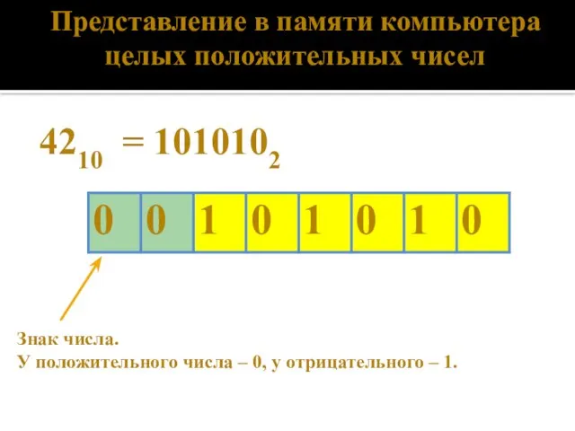 4210 = 1010102 Знак числа. У положительного числа – 0, у