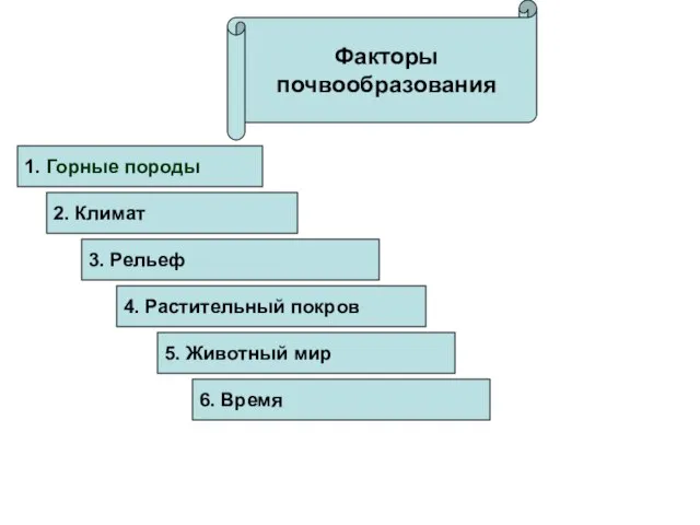 Факторы почвообразования 1. Горные породы 2. Климат 3. Рельеф 4. Растительный