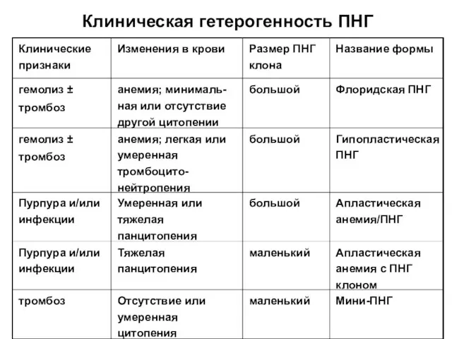 Клиническая гетерогенность ПНГ Мини-ПНГ маленький Отсутствие или умеренная цитопения тромбоз Апластическая