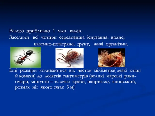 Всього приблизно 1 млн видів. Заселили всі чотири середовища існування: водне;