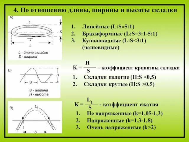 4. По отношению длины, ширины и высоты складки Линейные (L:S»5:1) Брахиформные