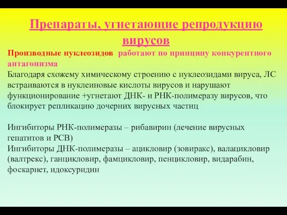 Препараты, угнетающие репродукцию вирусов Производные нуклеозидов работают по принципу конкурентного антагонизма