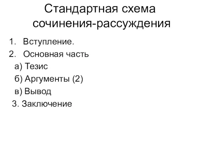 Стандартная схема сочинения-рассуждения Вступление. Основная часть а) Тезис б) Аргументы (2) в) Вывод 3. Заключение