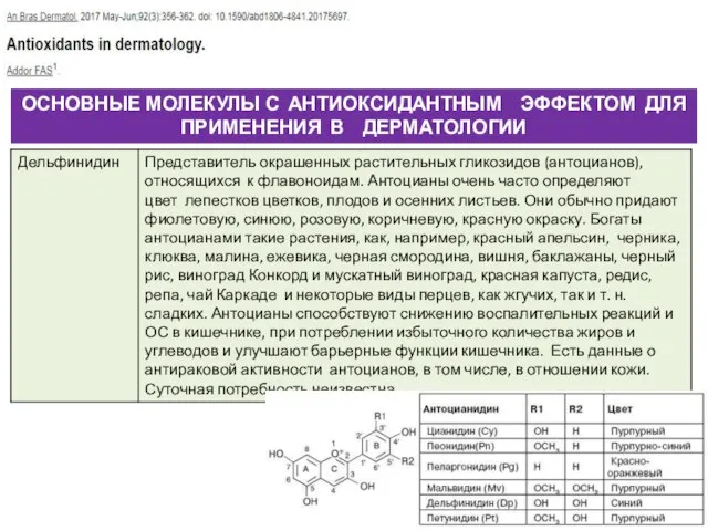 ОСНОВНЫЕ МОЛЕКУЛЫ С АНТИОКСИДАНТНЫМ ЭФФЕКТОМ ДЛЯ ПРИМЕНЕНИЯ В ДЕРМАТОЛОГИИ