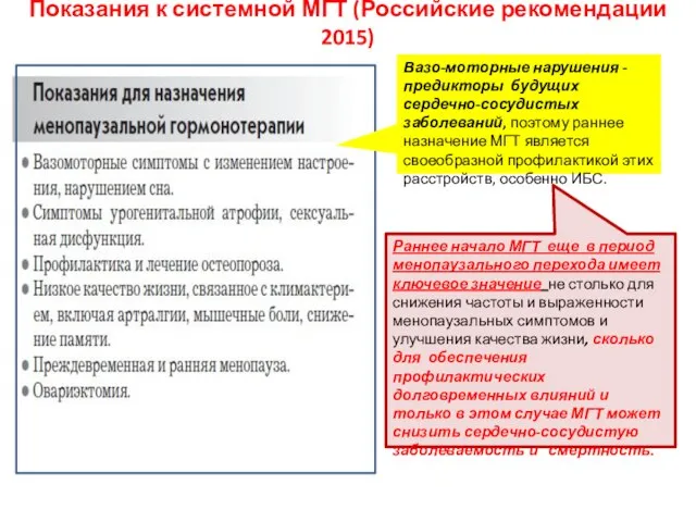 Показания к системной МГТ (Российские рекомендации 2015) Вазо-моторные нарушения - предикторы