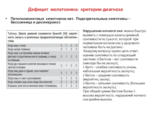 Дефицит мелатонина: критерии диагноза Патогномоничных симптомов нет. Подозрительные симптомы – бессонница