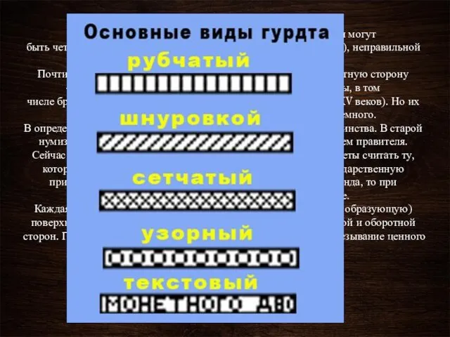 Основной монетной формой является кружок, но монеты могут быть четырёхугольными, многоугольными