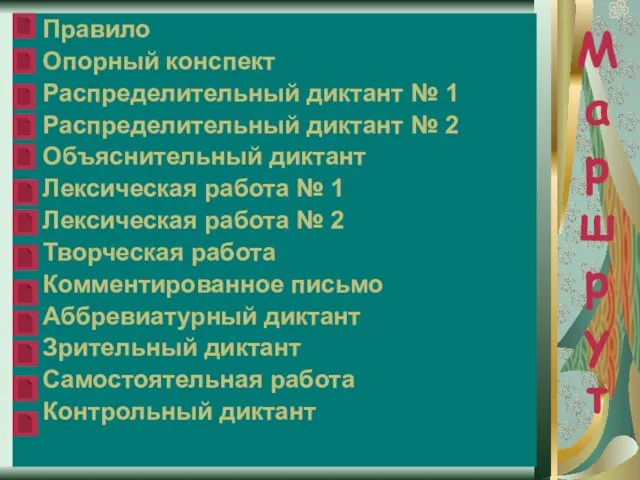 Ма ршр у т Правило Опорный конспект Распределительный диктант № 1