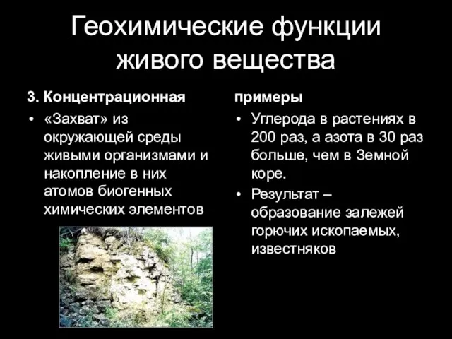 Геохимические функции живого вещества 3. Концентрационная «Захват» из окружающей среды живыми