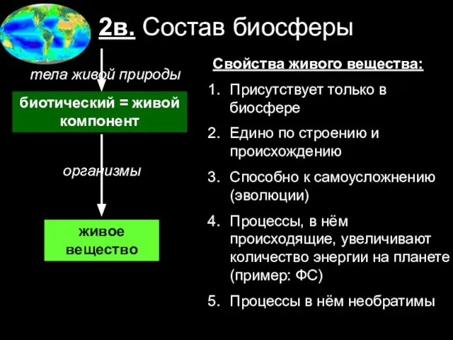 2в. Состав биосферы биотический = живой компонент организмы живое вещество тела