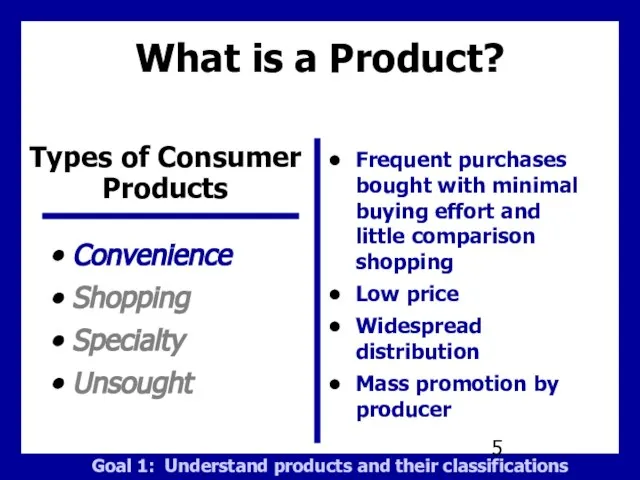 What is a Product? Convenience Shopping Specialty Unsought Frequent purchases bought