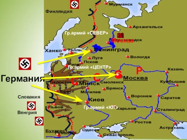 Германия С С С Р Румыния Венгрия Словакия Финляндия Москва Гр.армий «СЕВЕР» Гр.армий «ЦЕНТР» Гр.армий «ЮГ»