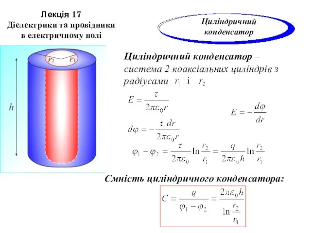 Лекція 17 Діелектрики та провідники в електричному полі Циліндричний конденсатор –