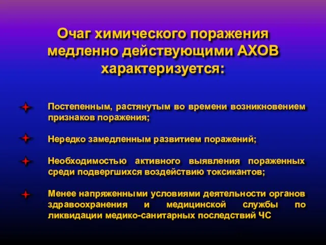 Постепенным, растянутым во времени возникновением признаков поражения; Нередко замедленным развитием поражений;