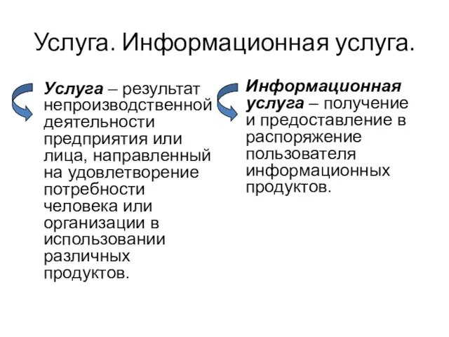 Услуга. Информационная услуга. Услуга – результат непроизводственной деятельности предприятия или лица,