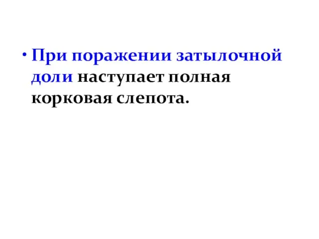 При поражении затылочной доли наступает полная корковая слепота.