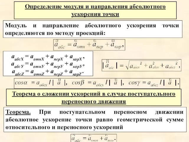 Определение модуля и направления абсолютного ускорения точки Модуль и направление абсолютного