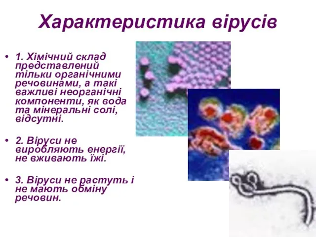 Характеристика вірусів 1. Хімічний склад представлений тільки органічними речовинами, а такі