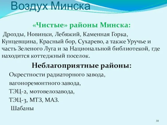 Воздух Минска «Чистые» районы Минска: Дрозды, Новинки, Лебяжий, Каменная Горка, Кунцевщина,