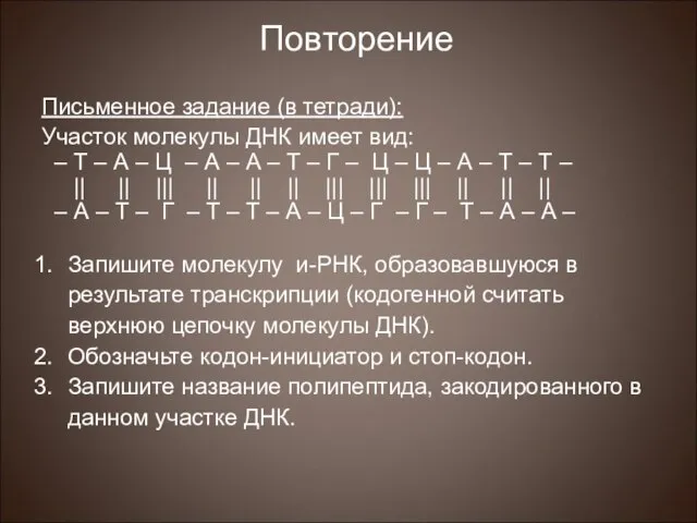 Повторение Письменное задание (в тетради): Участок молекулы ДНК имеет вид: –