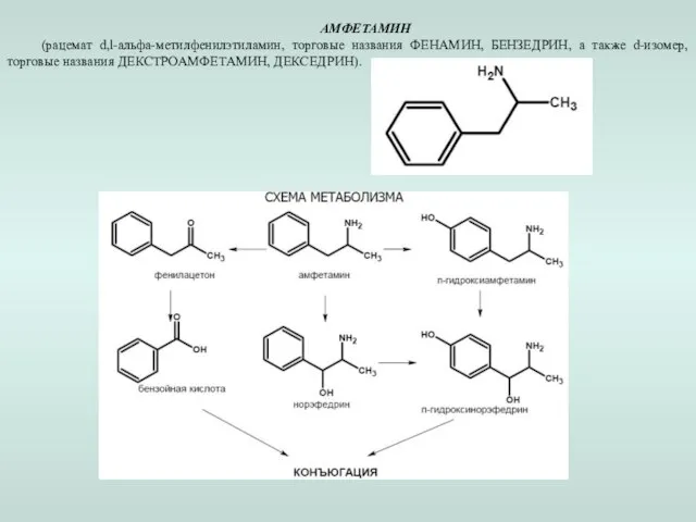 АМФЕТАМИН (рацемат d,l-альфа-метилфенилэтиламин, торговые названия ФЕНАМИН, БЕНЗЕДРИН, а также d-изомер, торговые названия ДЕКСТРОАМФЕТАМИН, ДЕКСЕДРИН).