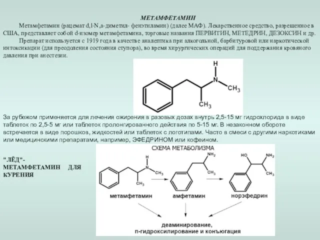 МЕТАМФЕТАМИН Метамфетамин (рацемат d,l-N,а-диметил- фенэтиламин) (далее МАФ). Лекарственное средство, разрешенное в