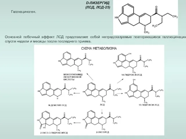 D-ЛИЗЕРГИД (ЛСД, ЛСД-25) Галлюциноген. Основной побочный эффект ЛСД представляет собой непредсказуемые
