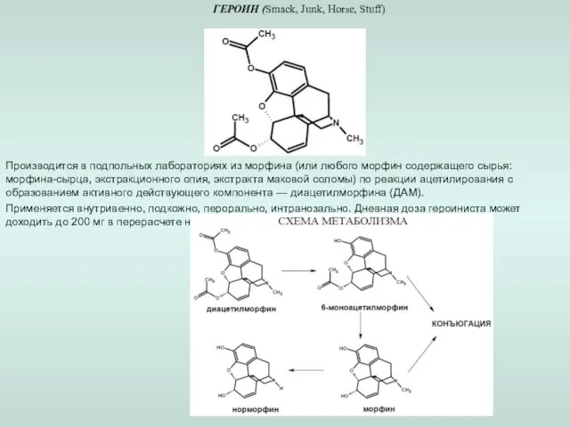 ГЕРОИН (Smack, Junk, Horse, Stuff) Производится в подпольных лабораториях из морфина