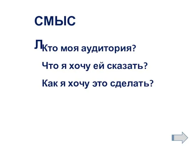 Кто моя аудитория? Что я хочу ей сказать? Как я хочу это сделать? СМЫСЛ