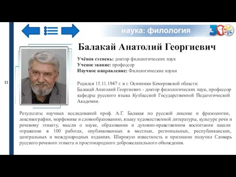 наука: филология Учёная степень: доктор филологических наук Ученое звание: профессор Научное