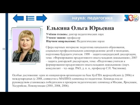 наука: педагогика Учёная степень: доктор педагогических наук Ученое звание: профессор Научное