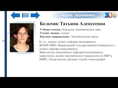 наука: экономика Бельчик Татьяна Алексеевна Учёная степень: Кандидат экономических наук Ученое