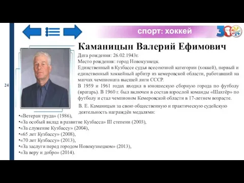 спорт: хоккей 24 Каманицын Валерий Ефимович Дата рождения: 26.02.1943г. Место рождения: