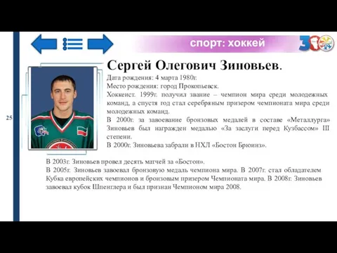 спорт: хоккей 25 Сергей Олегович Зиновьев. Дата рождения: 4 марта 1980г.