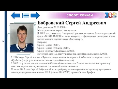 спорт: хоккей 26 Бобровский Сергей Андреевич Дата рождения 20.09.1988 г., Место