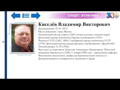 спорт: атлетика 40 Киселёв Владимир Викторович Дата рождения: 01.01.1957г. Место рождения: