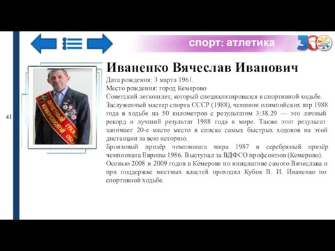 спорт: атлетика 41 Иваненко Вячеслав Иванович Дата рождения: 3 марта 1961.