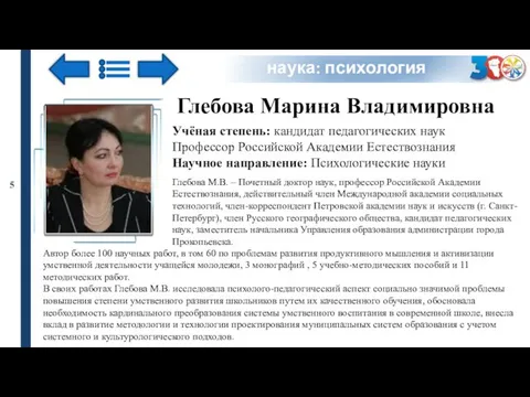 наука: психология Глебова Марина Владимировна Учёная степень: кандидат педагогических наук Профессор