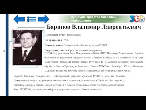 культура: средства массовой информации 68 Баринов Владимир Лаврентьевич Населенный пункт: Прокопьевск.