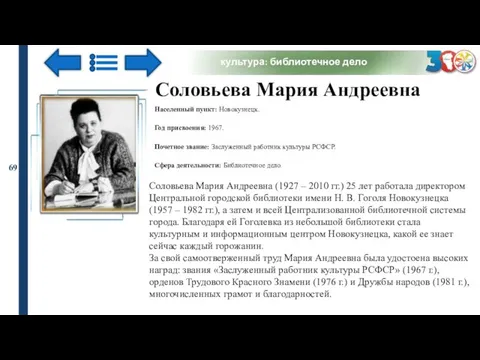 культура: библиотечное дело 69 Соловьева Мария Андреевна Населенный пункт: Новокузнецк. Год