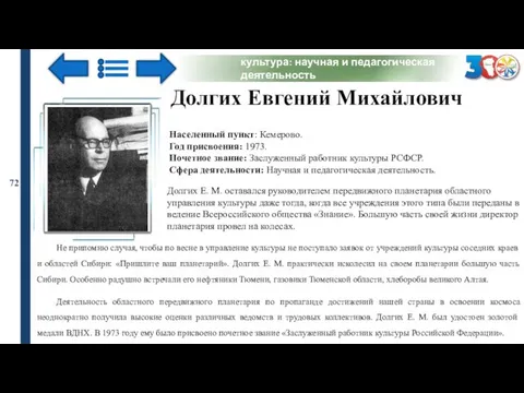 культура: научная и педагогическая деятельность 72 Долгих Евгений Михайлович Населенный пункт: